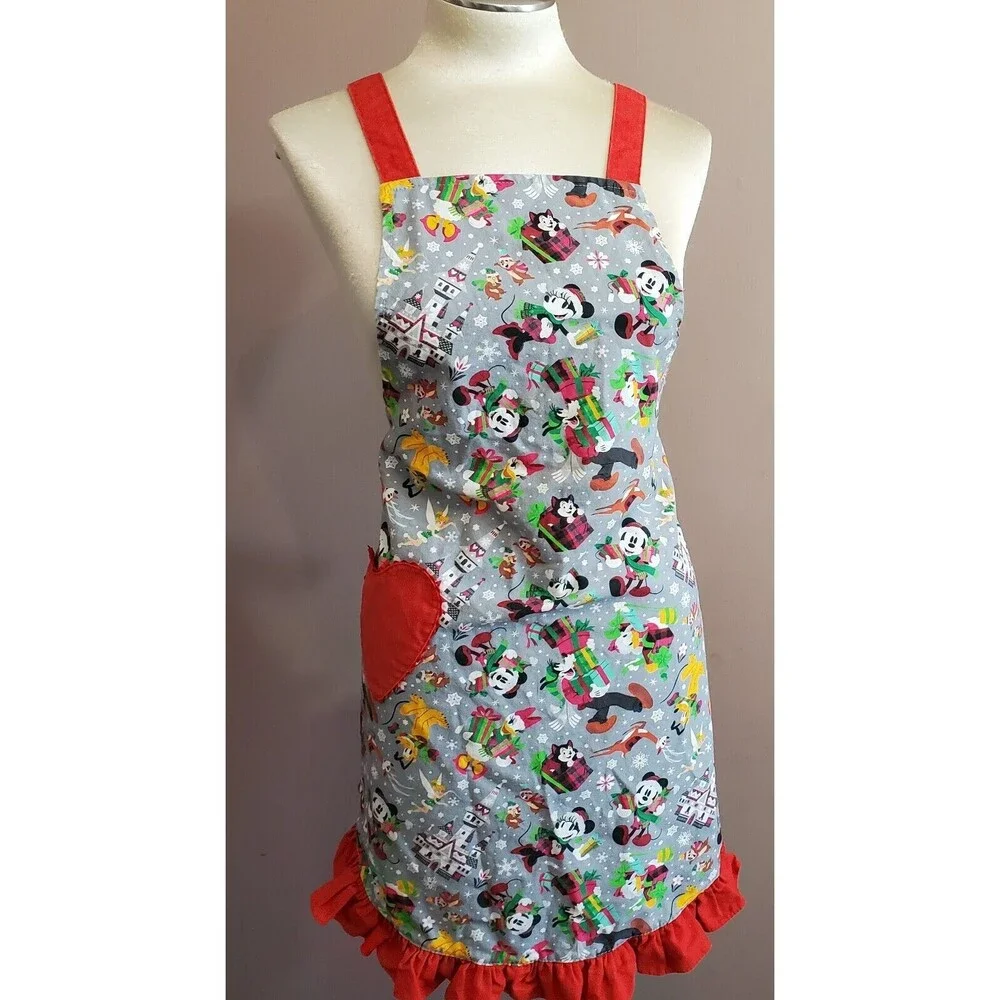 Disney Parks Christmas Apron Red Gray Ruffle Heart Pocket Cross Back Straps Full